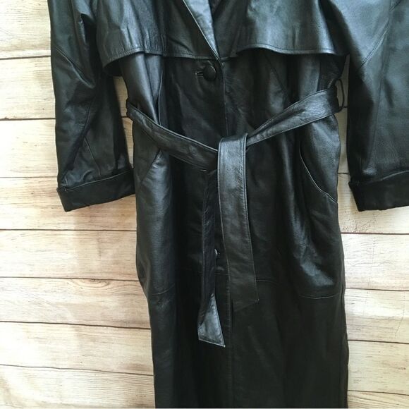 VINTAGE LIZ BAKER ESSENTIALS BLACK LEATHER FULL LENGTH TRENCH COAT - Picture 7 of 12